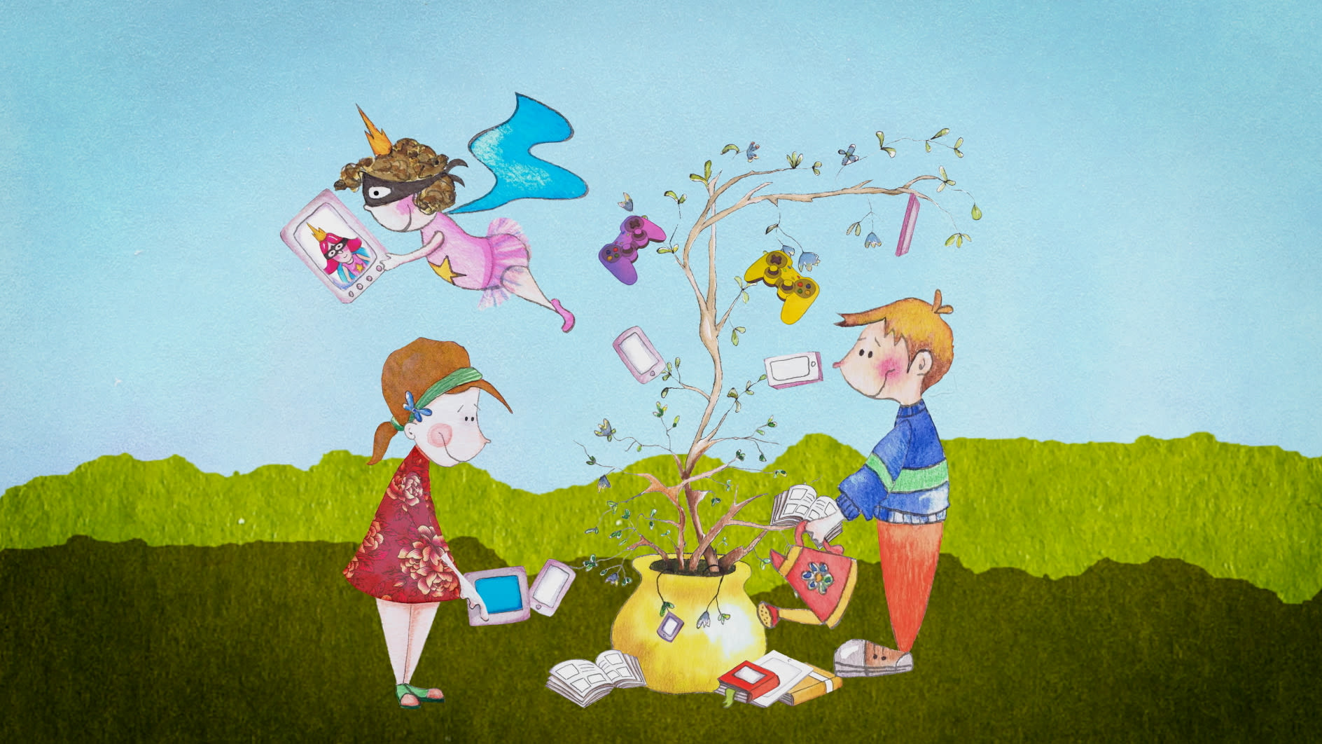Illustrierte Szene: An einem Baum wachsen Smartphones und Spielecontroller, eine geflügelte Figur fliegt vorbei