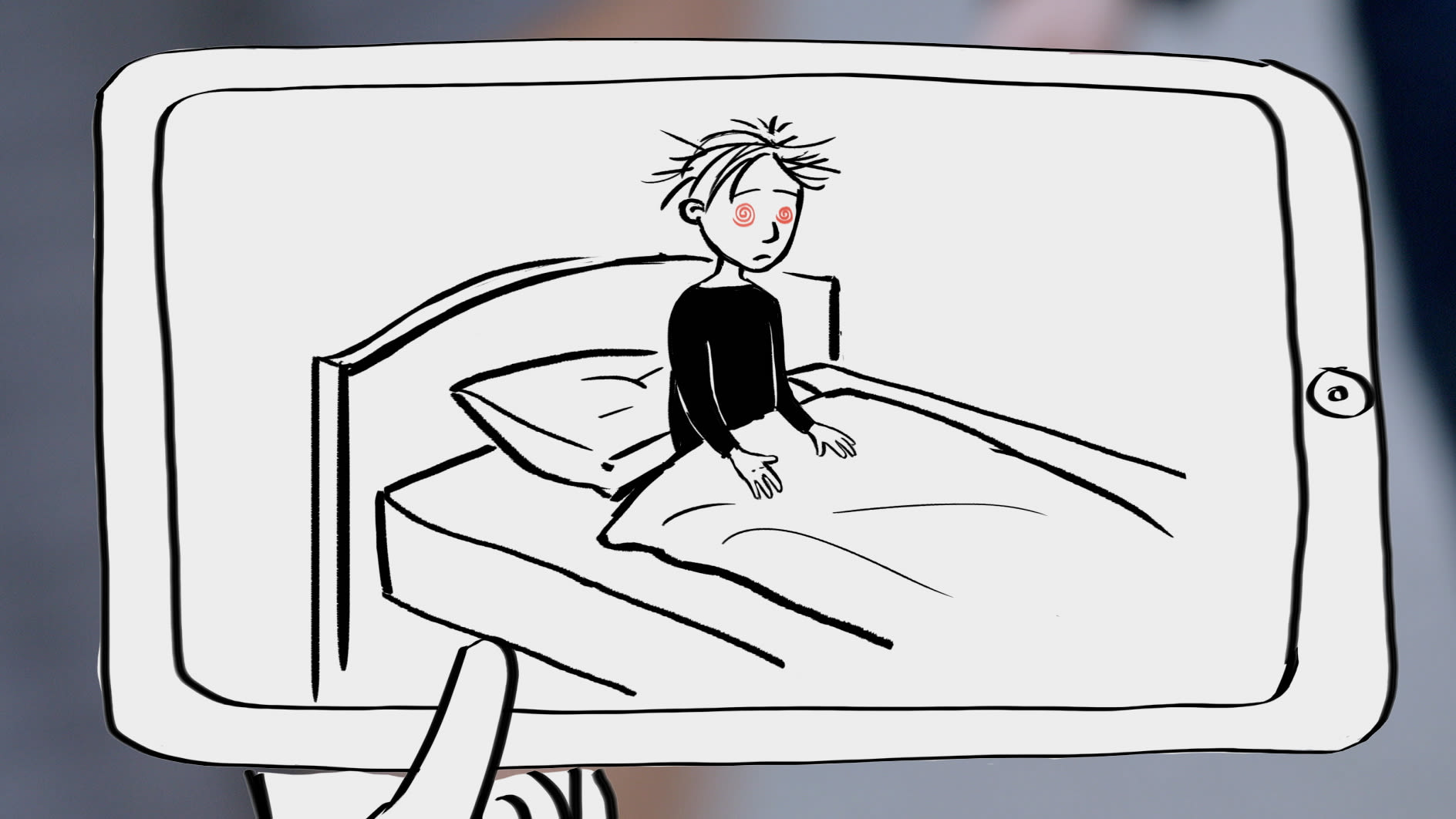 Skizzenhafte Animation: ein übermüdeter Junge sitzt mit verdrehten Augen auf dem Bett