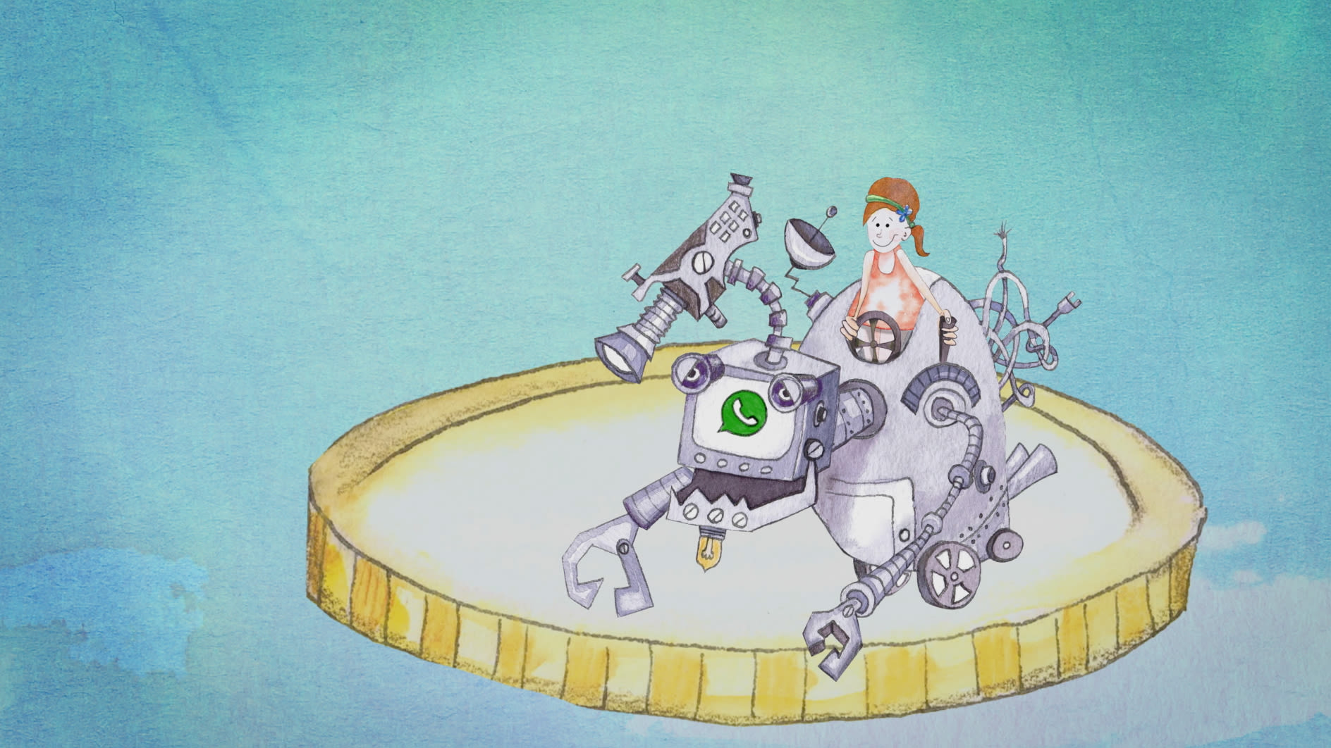 Illustrierte Szene: ein Mädchen lenkt ein fantasievolles Roboterfahrzeug mit WhatsApp-Symbol