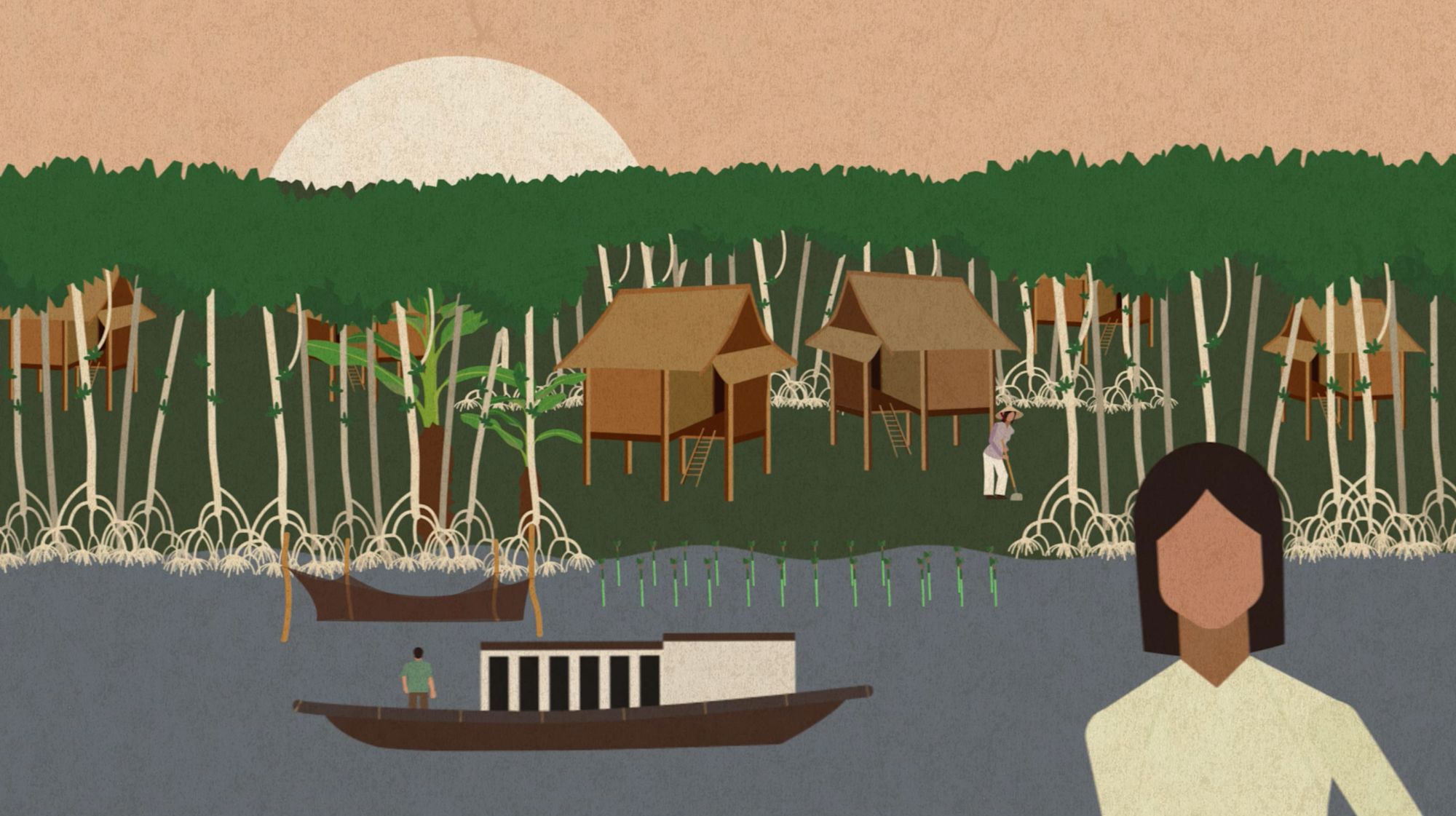 Illustrierte Szene: Pfahlbauten im Mangrovenwald bei Sonnenuntergang, davor Boote auf dem Wasser