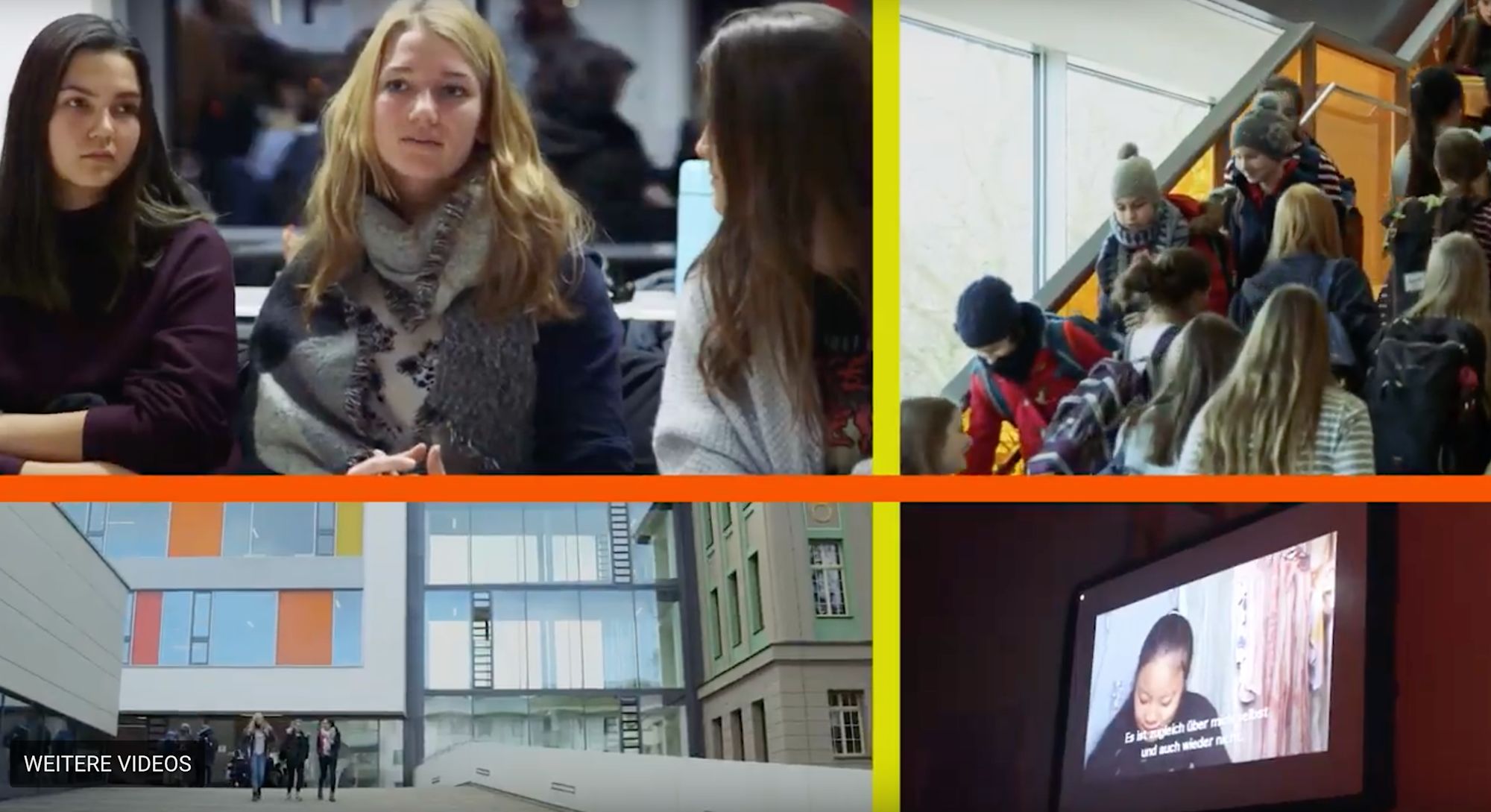 Vier Videokacheln: Gesprächsrunde, Kinder im Treppenhaus, Schulgebäude und untertiteltes Interview