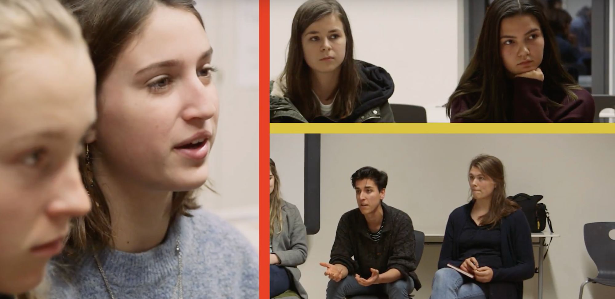 Bildcollage aus Gesprächsszenen: Nahaufnahme, Seminarraum und Sitzkreis mit Diskussion