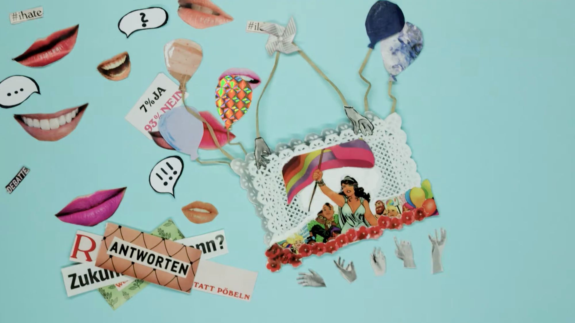 Bunte Collage aus Lippen, Sprechblasen, Luftballons und einer Regenbogenfahne mit Kindern