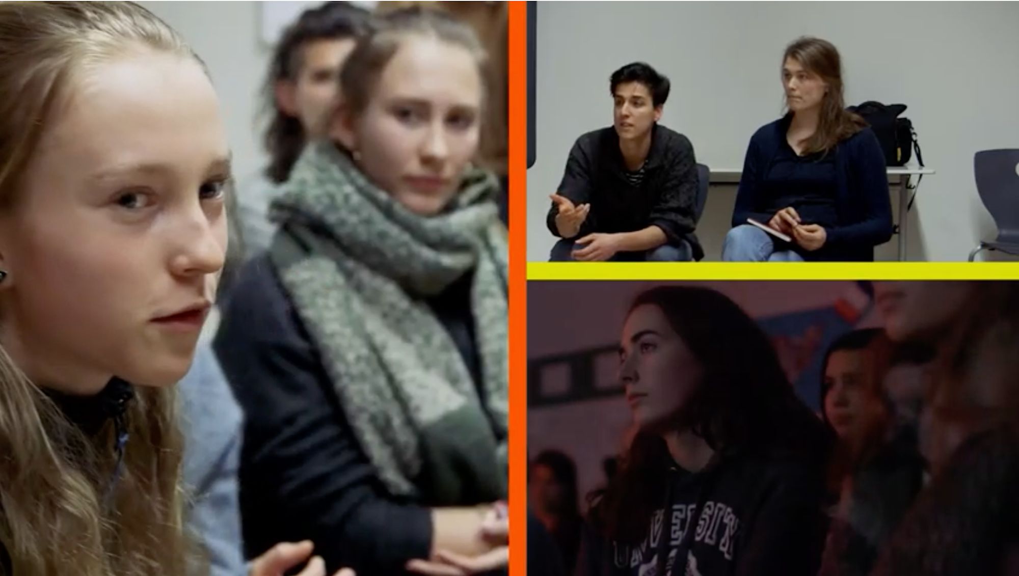 Bildcollage aus Interviewszenen, Diskussion im Sitzkreis und Porträt vor einer Menschenmenge