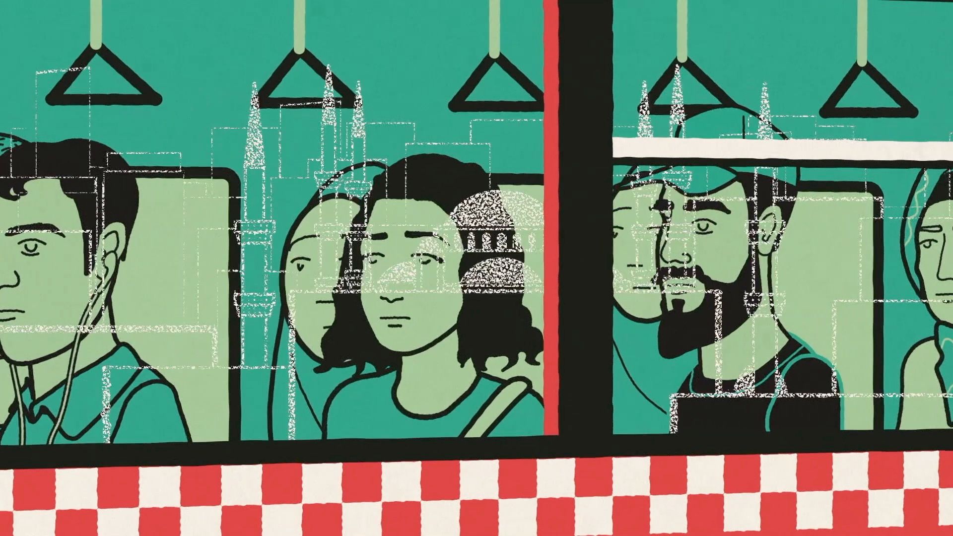Illustrierte U-Bahn-Szene: Fahrgäste an Haltegriffen, Gesichter mit Stadtsilhouette überlagert
