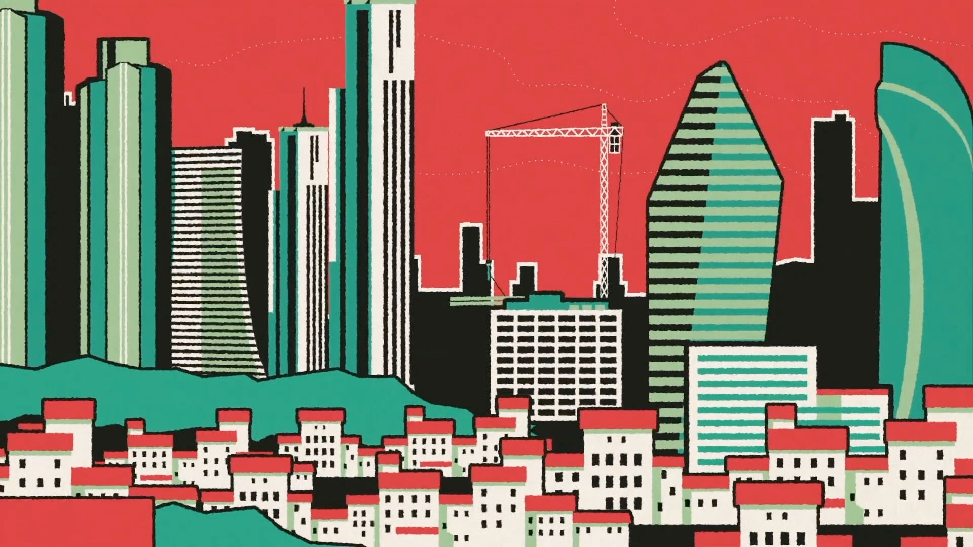 Illustrierte Skyline mit Hochhäusern, Baukran und Häusern mit roten Dächern vor rotem Himmel