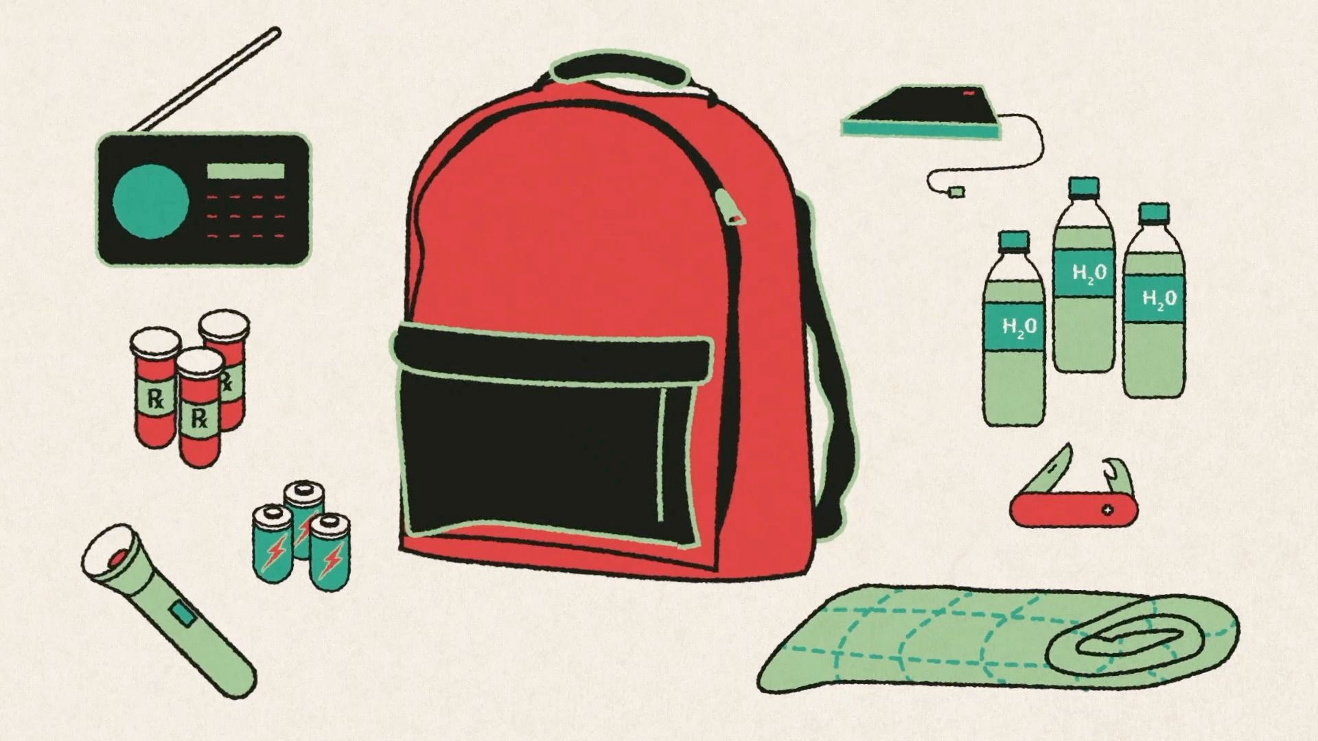 Illustrierte Notfallausrüstung: Rucksack, Radio, Medikamente, Batterien, Taschenlampe und Wasserflaschen