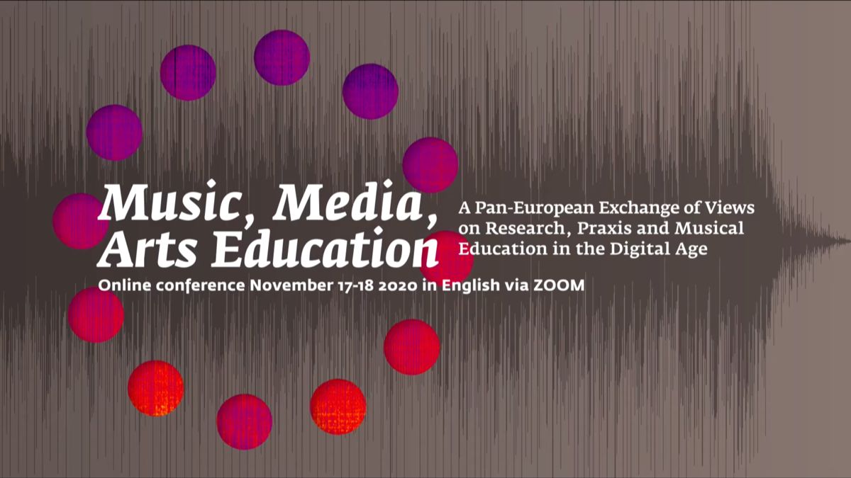 Titelkarte „Music, Media, Arts Education“ mit Datum der Online-Konferenz und bunten Kreisen auf Wellenform