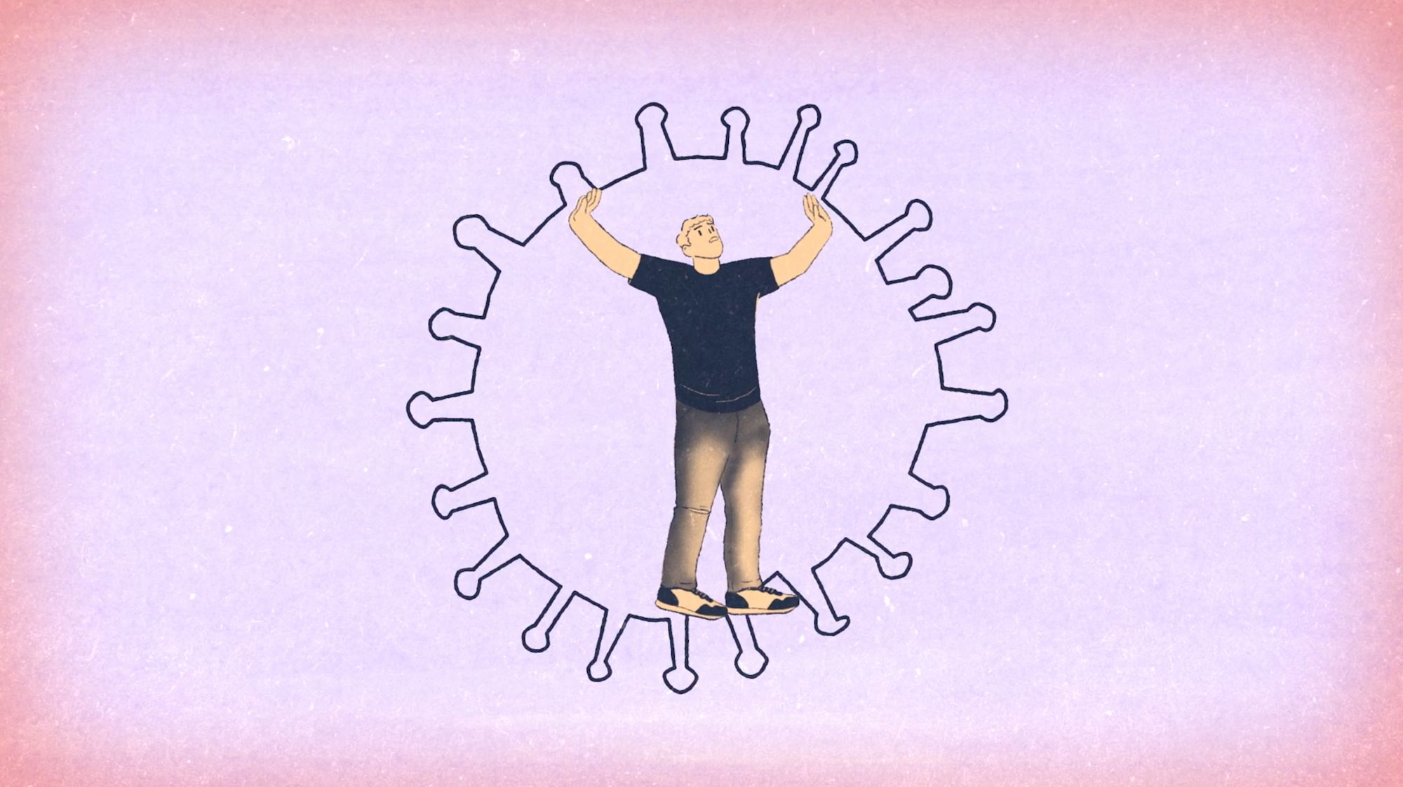 Illustrierter junger Mann steht eingeklemmt im Inneren eines übergroßen Coronavirus-Symbols