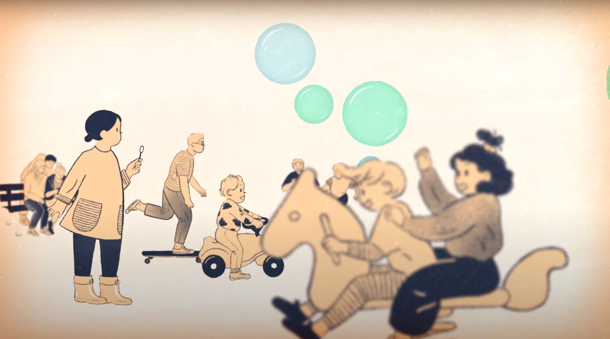 Illustrierte Szene: Kinder spielen im Freien mit Seifenblasen, Bobbycar und Schaukelpferd