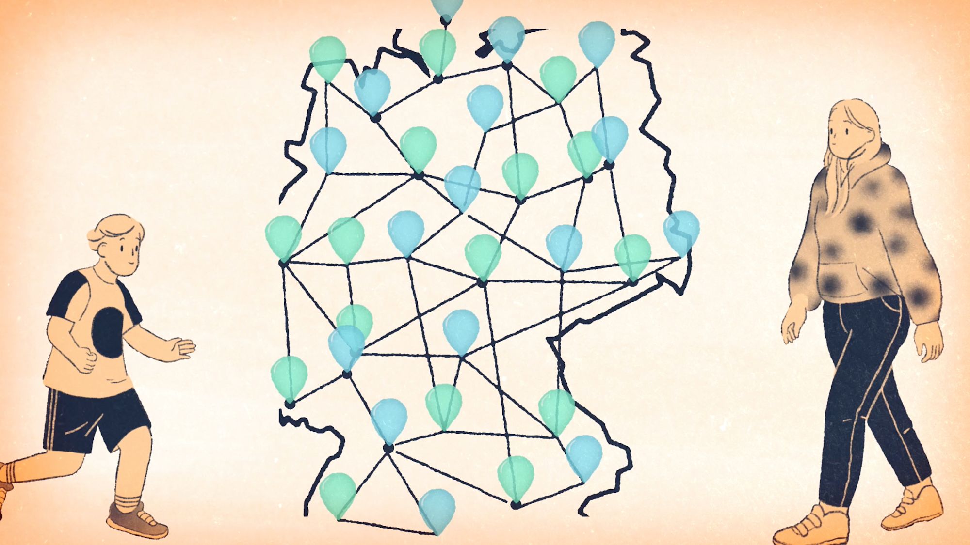 Illustration einer Deutschlandkarte mit vernetzten Ballons, daneben gehende und rennende Figuren
