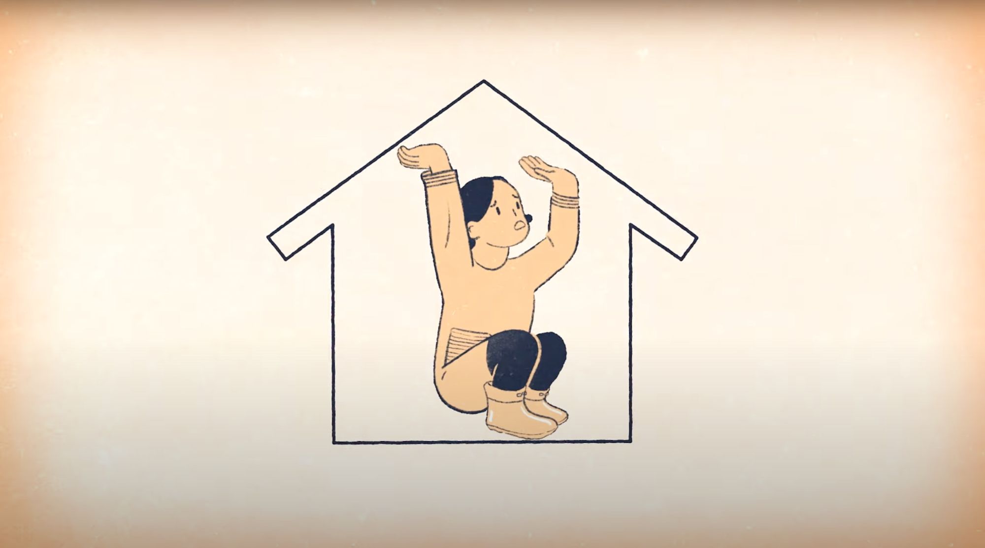 Illustrierte Figur kauert bedrängt im Inneren eines Haus-Symbols, Arme gegen das Dach gestemmt