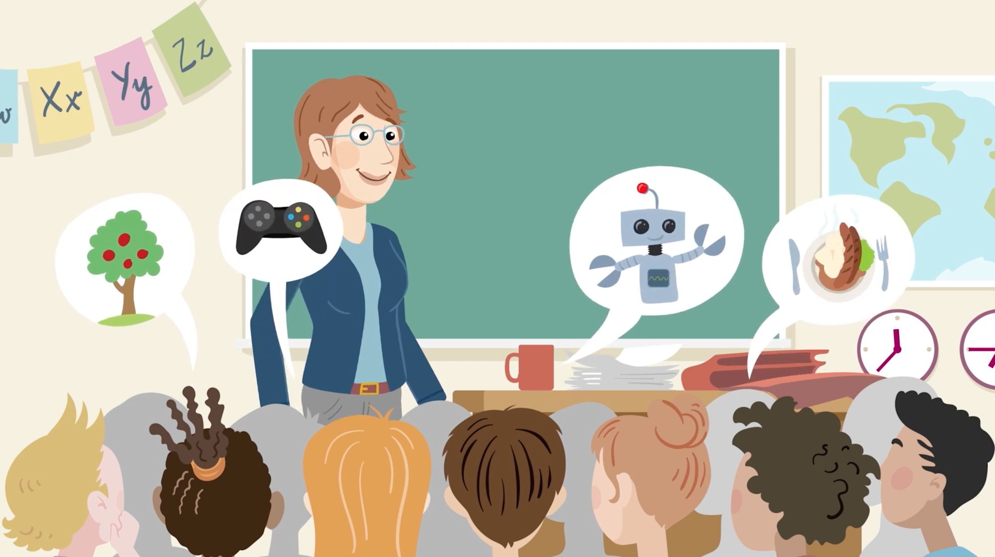 Animierte Klassenzimmerszene: Lehrerin vor der Tafel, über den Schülern schweben Themen-Sprechblasen