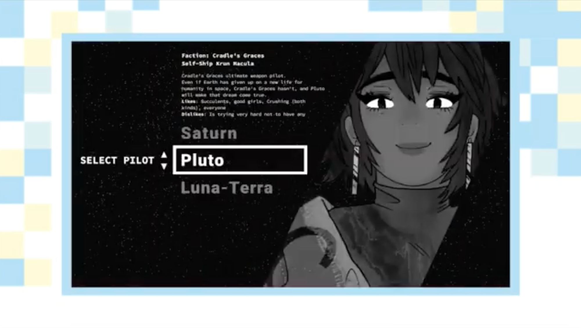Spielmenü „Select Pilot“ mit Auswahl Saturn, Pluto und Luna-Terra