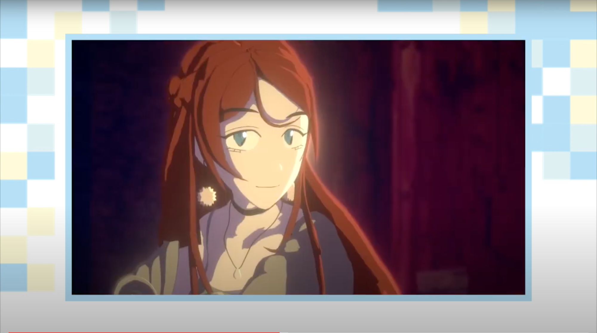 Illustrierte Nahaufnahme einer lächelnden rothaarigen Anime-Figur