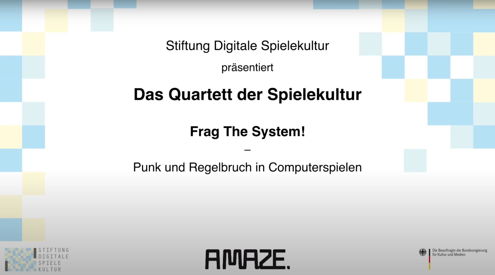 Titelkarte „Das Quartett der Spielekultur – Frag The System!“ mit AMAZE-Logo