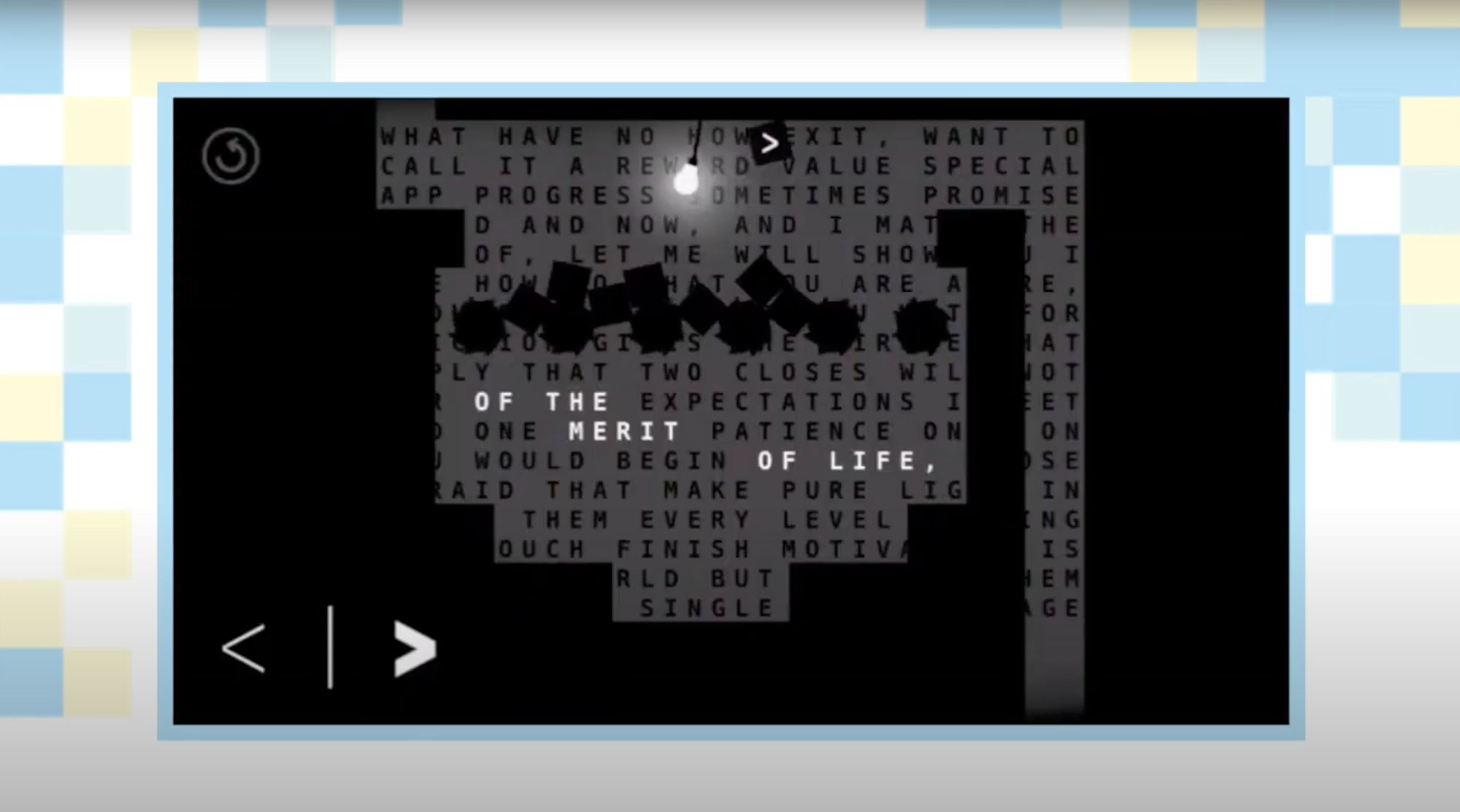 Screenshot eines Wortspiels mit schwarzen Hindernissen zwischen Textzeilen