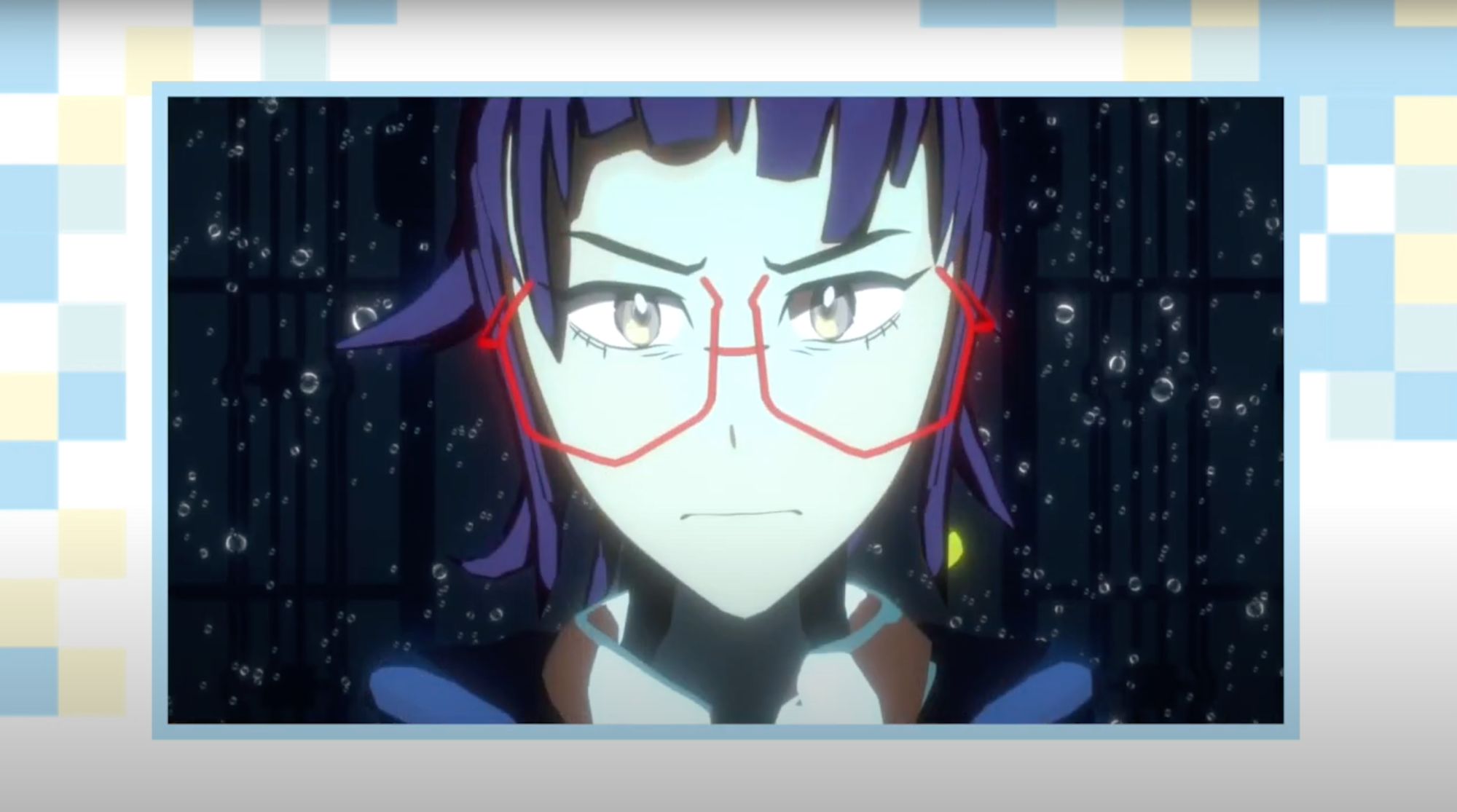 Illustrierte Anime-Szene: Mädchen mit lila Haaren, Gesicht mit roten Markierungslinien