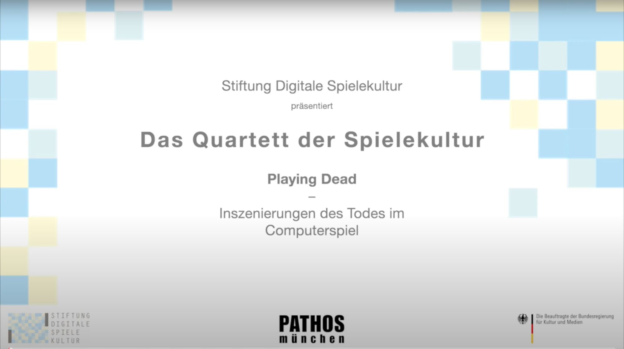 Titelkarte mit dem Schriftzug „Das Quartett der Spielekultur – Playing Dead“