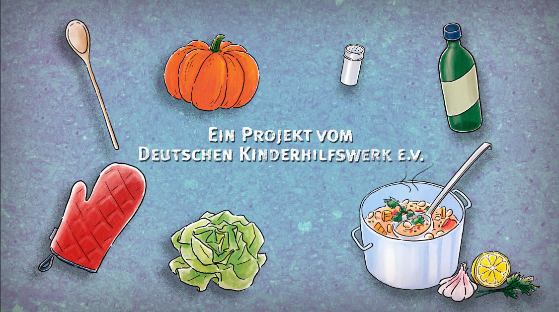 Abspannkarte mit gezeichnetem Gemüse und Kochtopf, Schriftzug „Ein Projekt vom Deutschen Kinderhilfswerk e.V.“