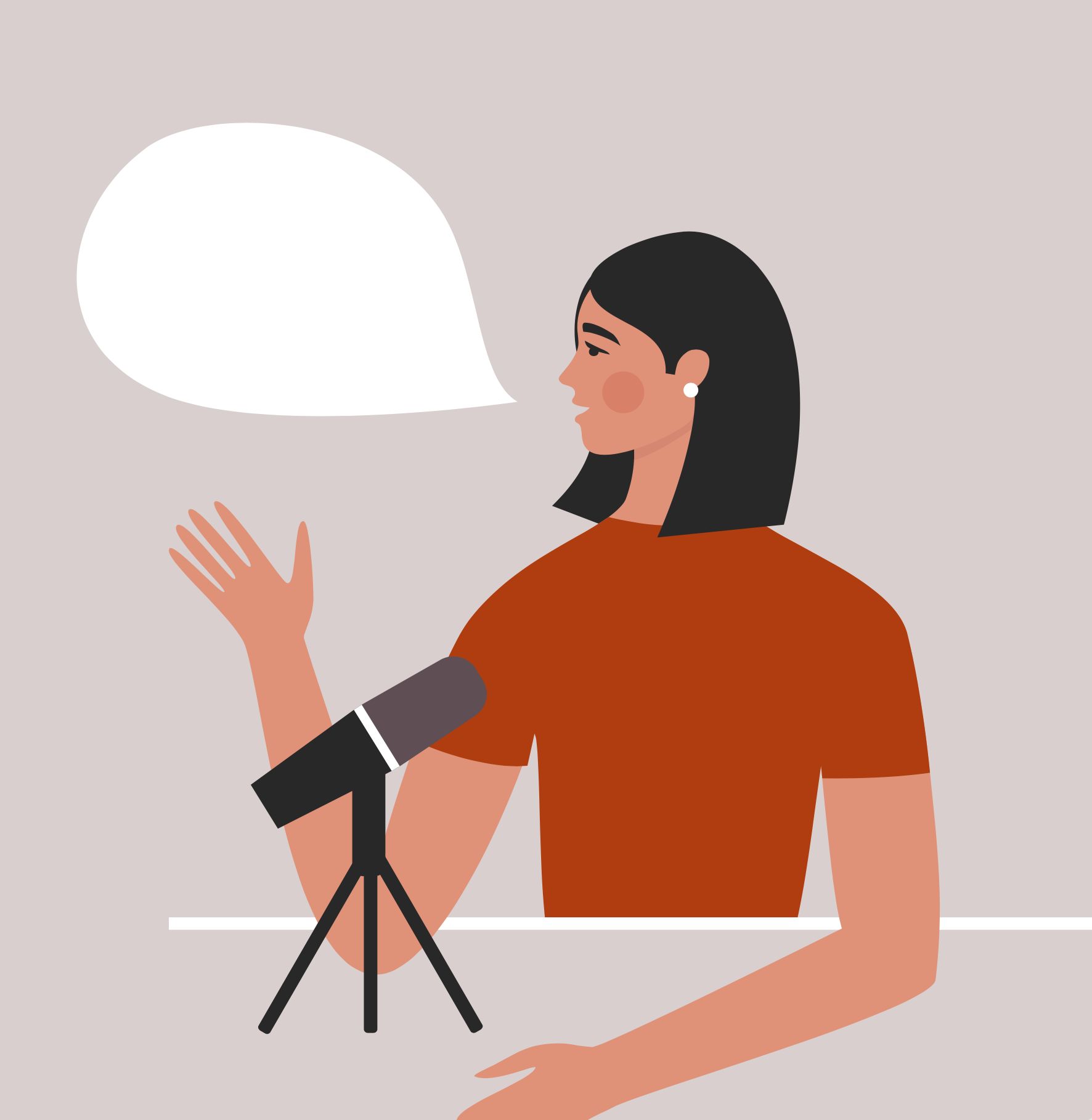 Illustration: eine Frau spricht mit erhobener Hand in ein Mikrofon, Sprechblase daneben
