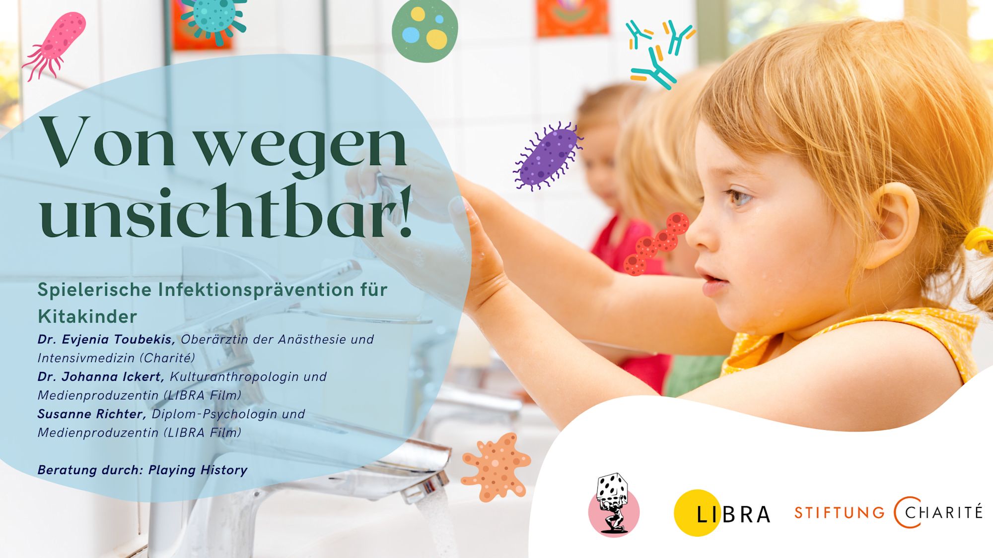 Titelkarte „Von wegen unsichtbar!“ zeigt ein Mädchen beim Händewaschen neben Viren-Illustrationen