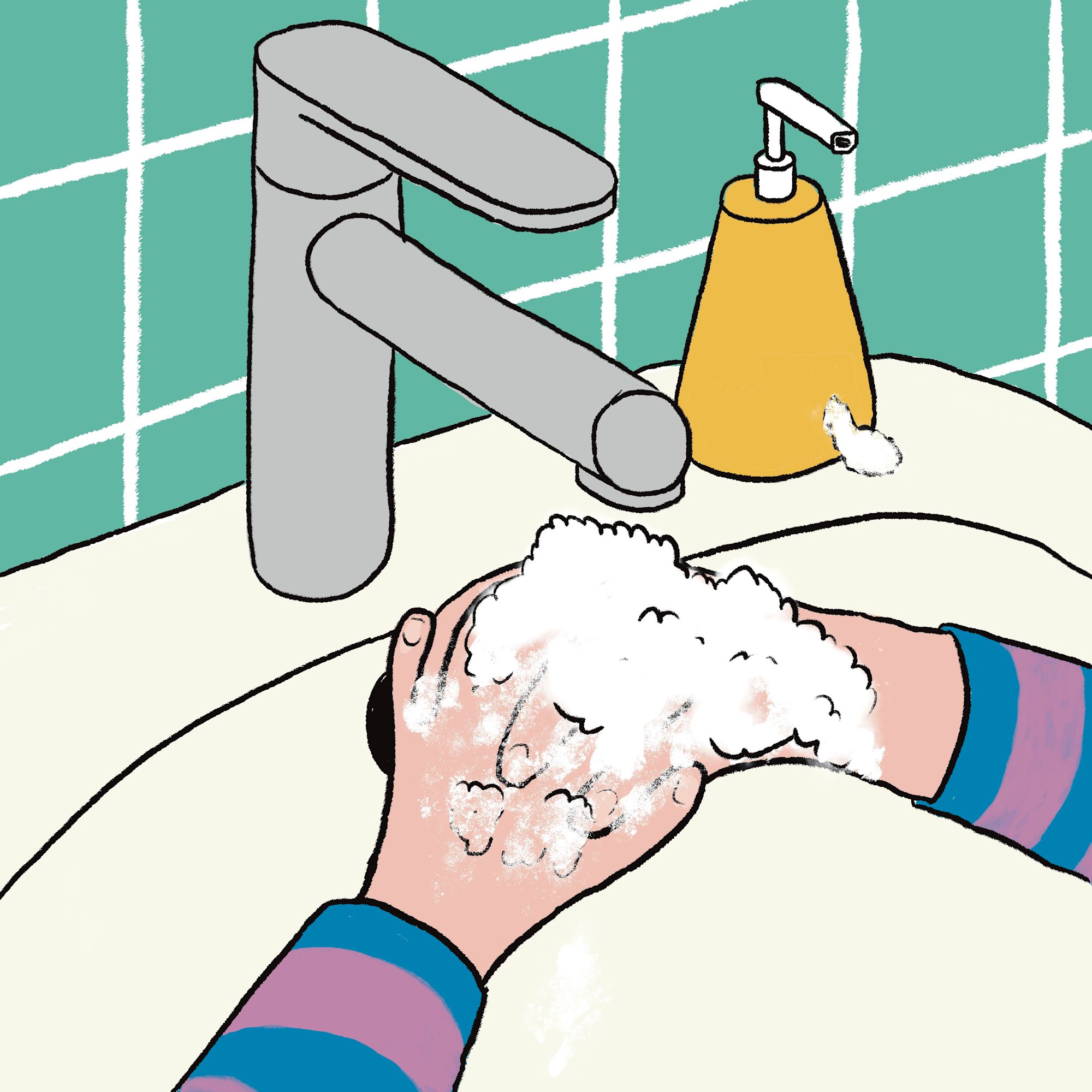 Illustrierte Szene: Hände werden am Waschbecken gründlich eingeseift