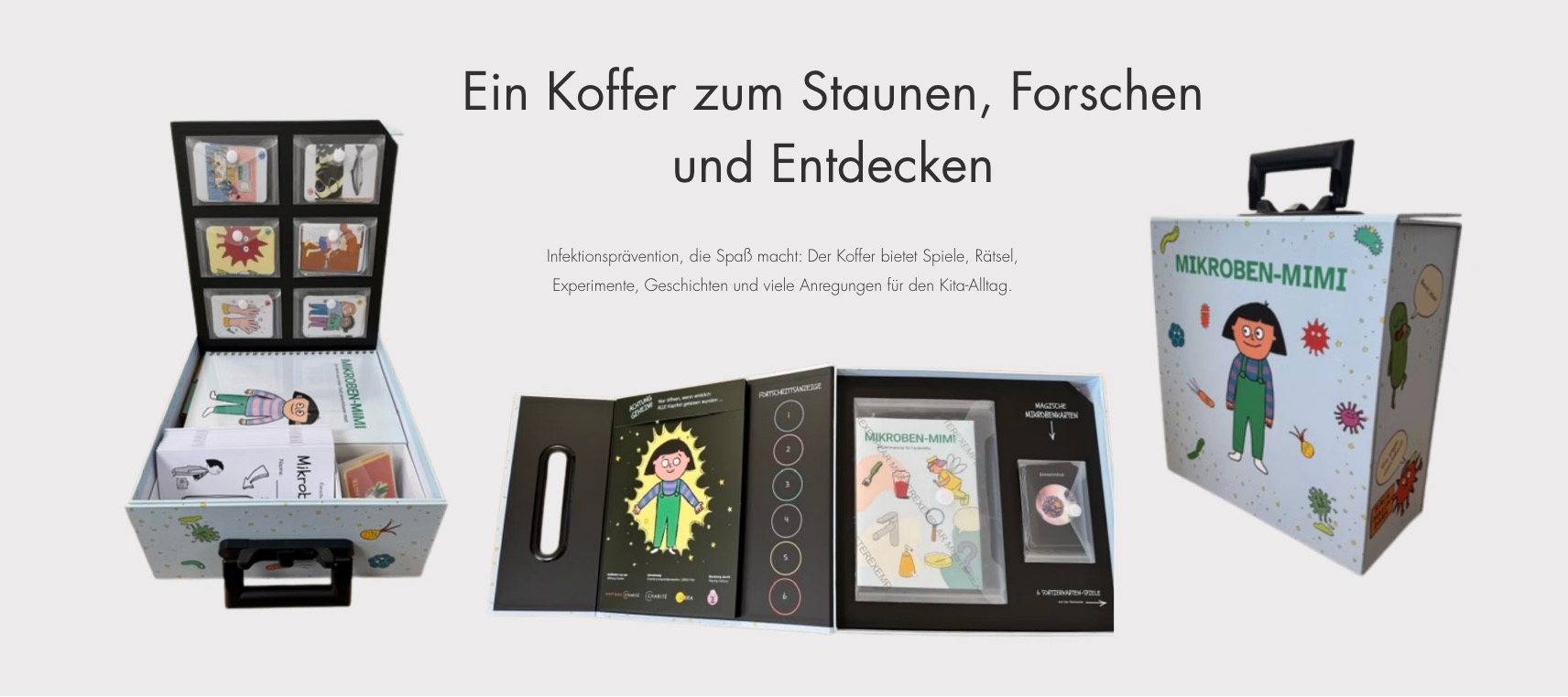 Der Mikroben-Mimi-Spielkoffer, geöffnet, aufgeklappt und geschlossen nebeneinander