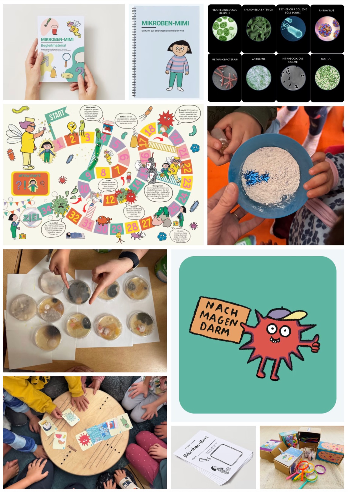 Collage aus Begleitheft, Spielplan, Mikrobenkarten und Fotos vom Forschen und Spielen