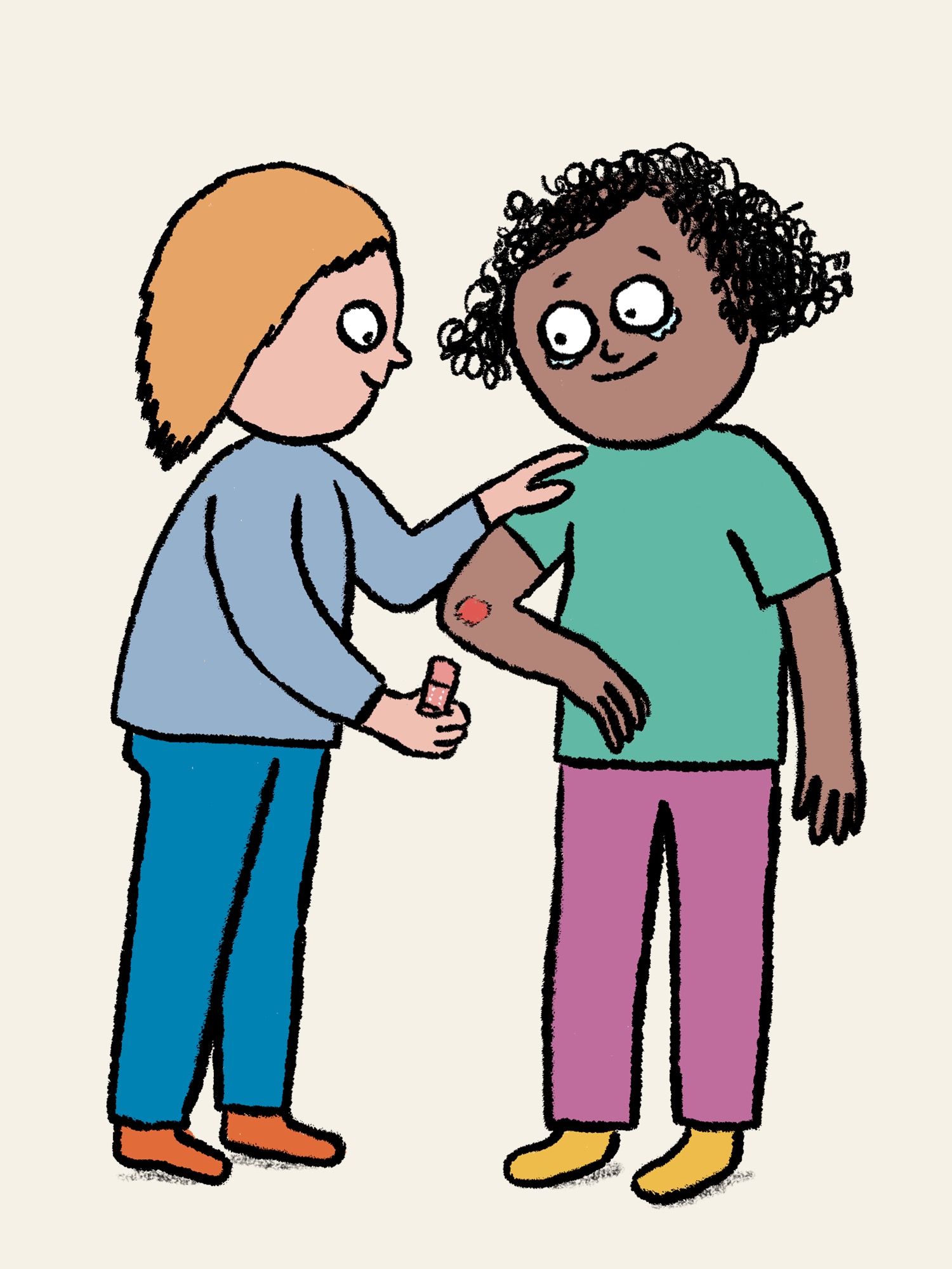 Illustrierte Szene: Kind klebt einem anderen Kind ein Pflaster auf eine kleine Wunde am Arm