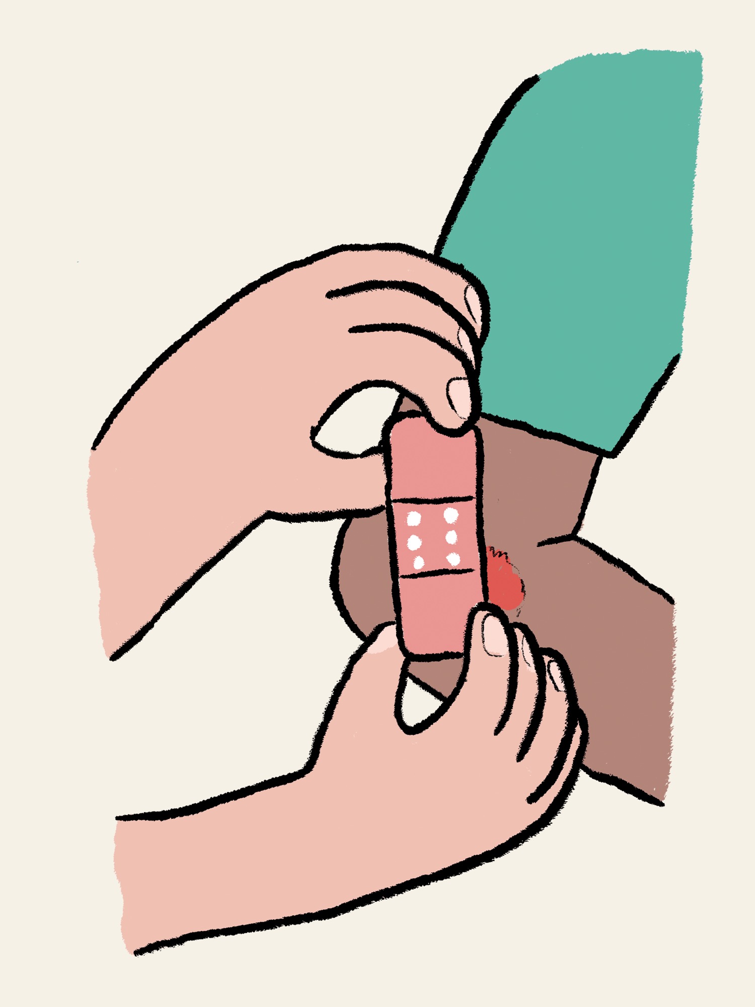 Illustrierte Nahaufnahme: Hände kleben ein gepunktetes Pflaster auf eine kleine Wunde