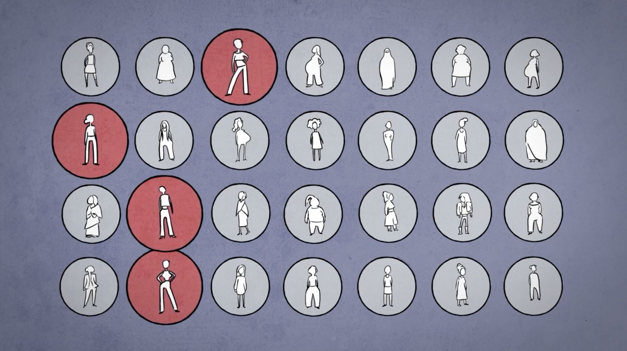 Illustrierte Grafik: Reihen unterschiedlicher weiblicher Silhouetten, einzelne rot hervorgehoben