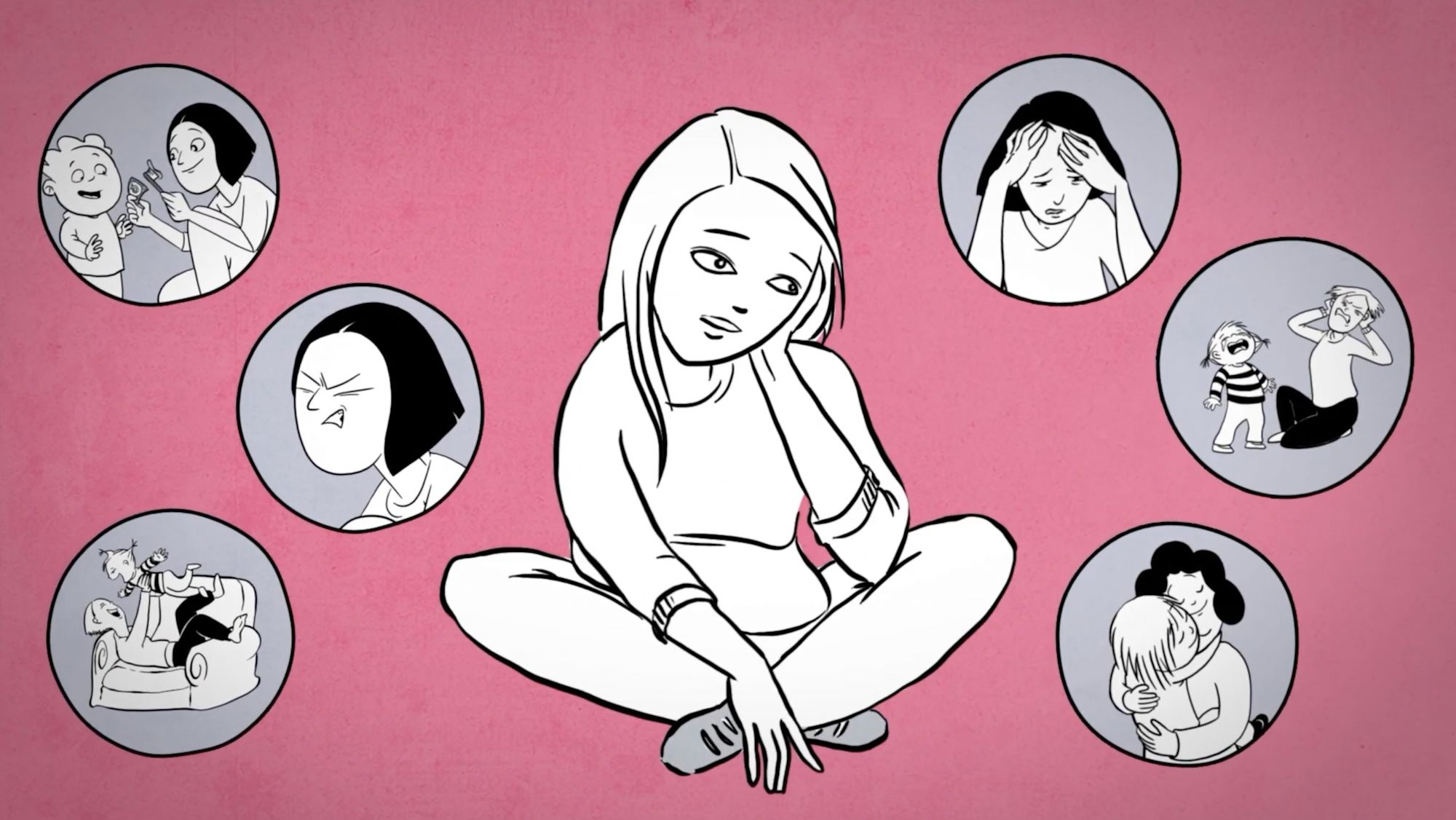Illustrierte Frau sitzt nachdenklich im Schneidersitz, umgeben von Szenen aus dem Familienalltag